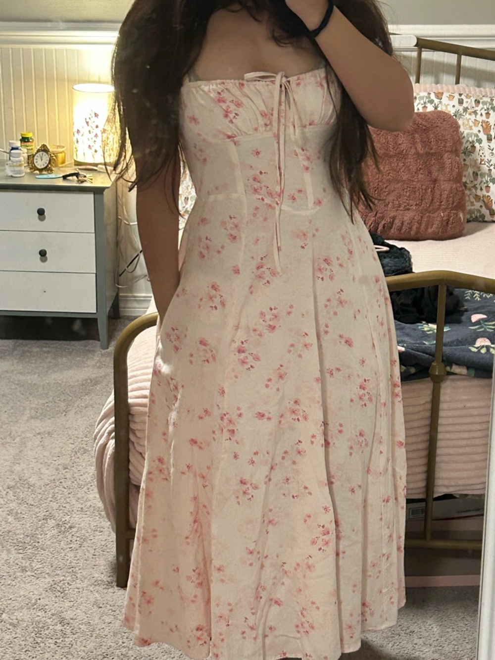 Romantic Cream Maxi Dress with Pink Floral Print